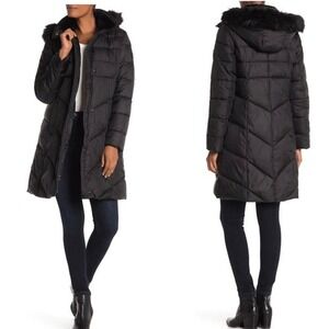 LARRY LEVINE Faux Fur Trim Removable Hooded Long Puff‎ Coat, Black, Small, NWT